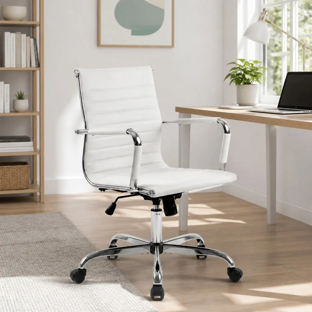 Office Chair Mid Back White Leather Swivel Height and Tilt Adjustable
