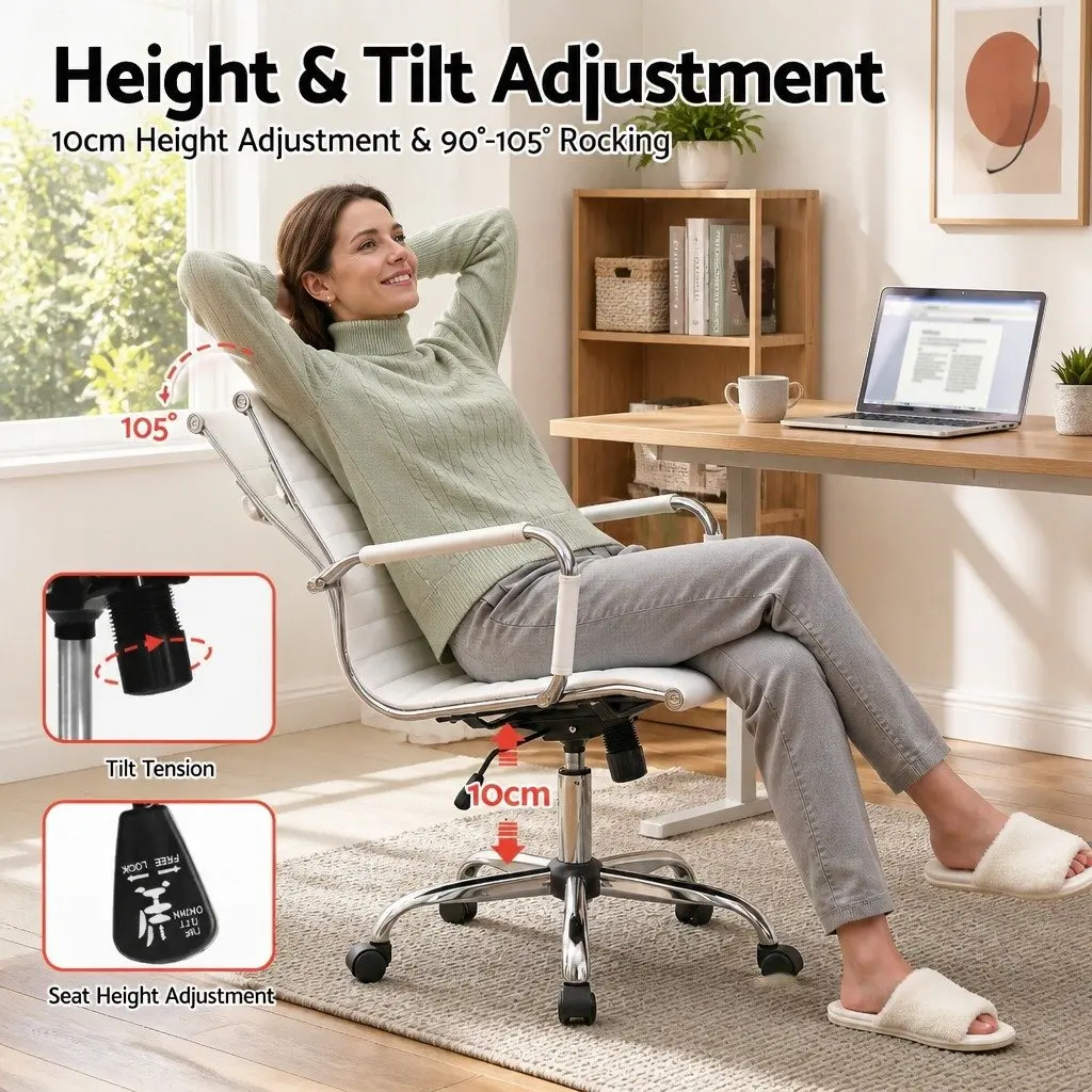 Office Chair Mid Back White Leather Swivel Height and Tilt Adjustable
