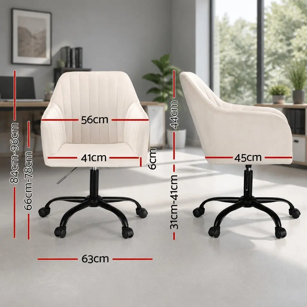 Office Chair Mid Back Adjustable Height Cream Velvet Seat Swivel with Castors