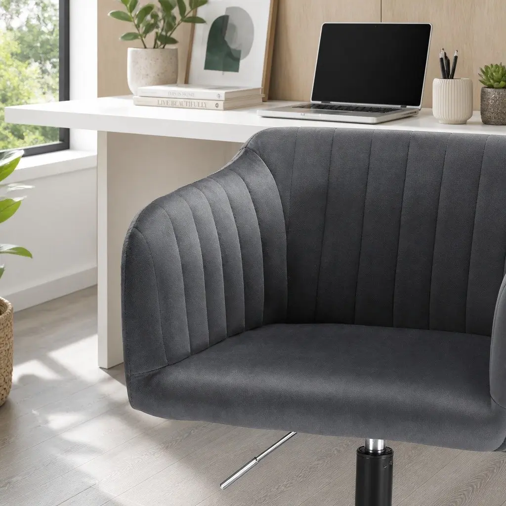 Mid Back Office Chair Adjustable Height Dark Grey Velvet Swivel Seat