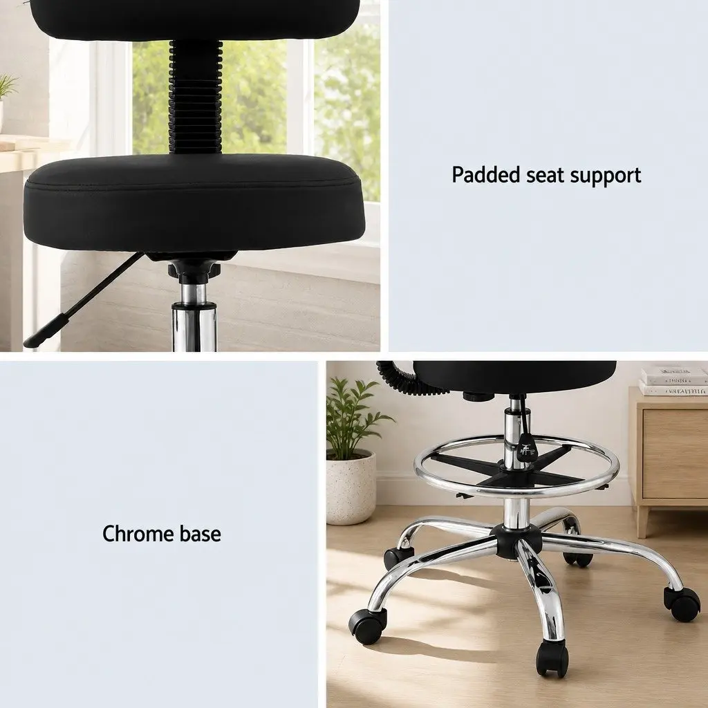 Office Drafting Chair Ergonomic Black PU Swivel 360 Degree Height Adjustable
