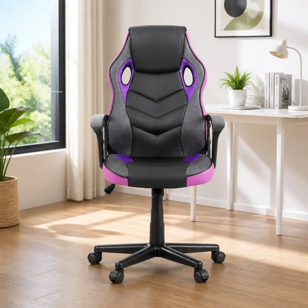 Gaming Office Chair Purple High-Back Adjustable Height Swivel 360-Degree Tilt Function