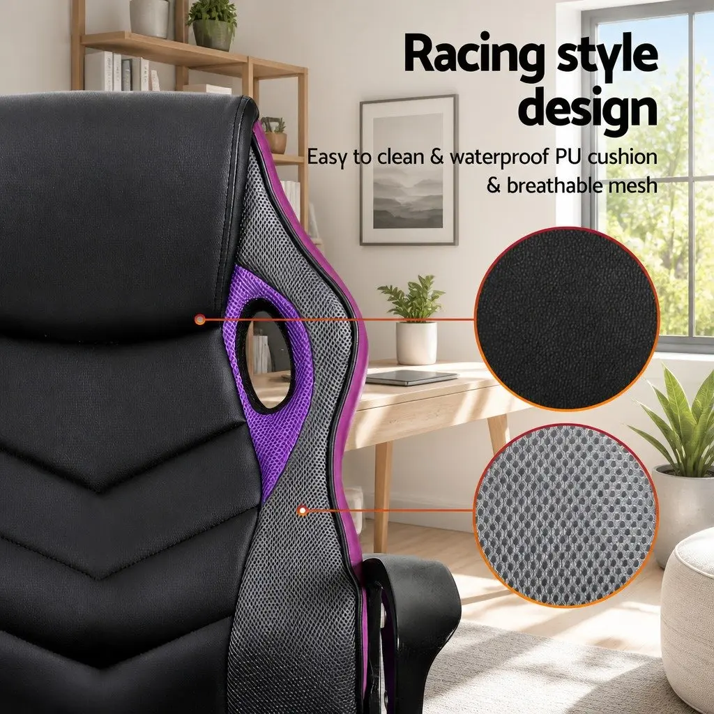 Gaming Office Chair Purple High-Back Adjustable Height Swivel 360-Degree Tilt Function