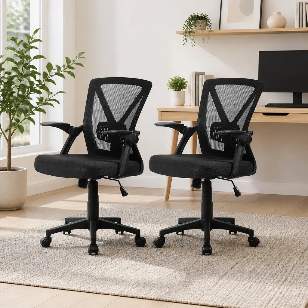 Mid Back Office Chair Black Ergonomic Adjustable Lumbar Support Mesh 2 Pack