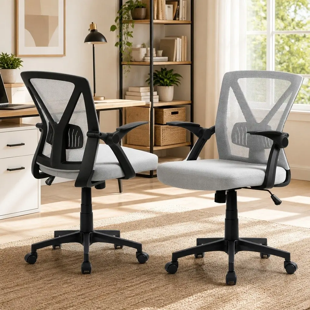Mesh Office Chair Mid Back Grey Ergonomic Adjustable Height Lumbar Support
