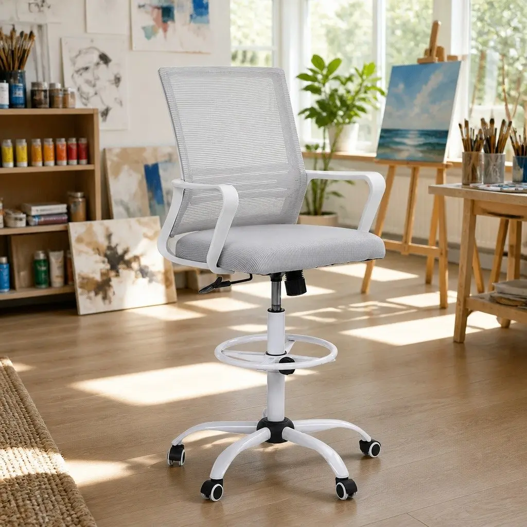 Office Drafting Chair Height Adjustable Ergonomic Mesh Stool White