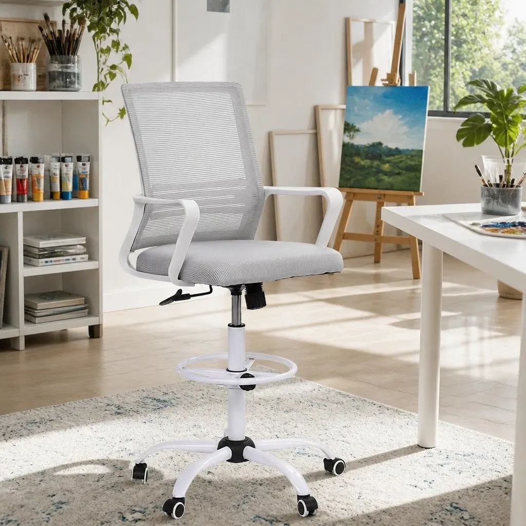 Office Drafting Chair Height Adjustable Ergonomic Mesh Stool White