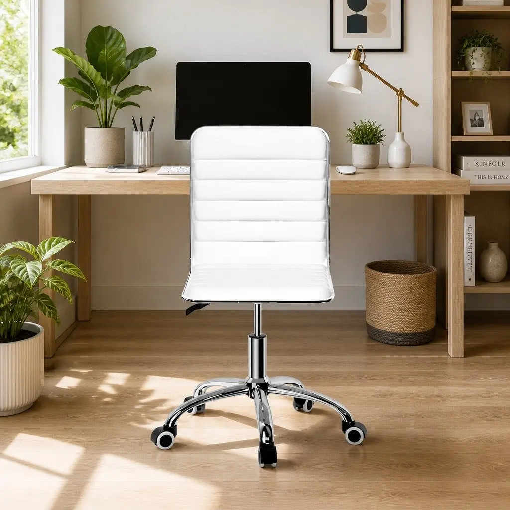 Office Chair Low Back Rotatable Height Adjustable PU Leather White for Home and Office