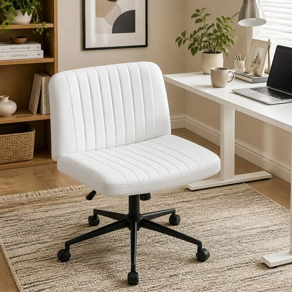Office Chair White Armless Swivel U-Shaped High-Density Foam Seat and Backrest with Wheels