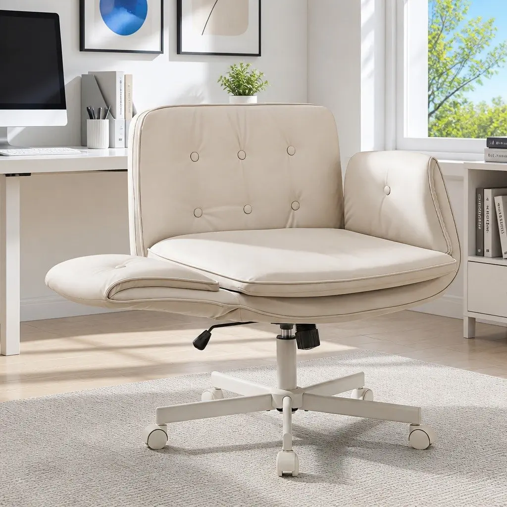 Criss Cross Office Chair Beige 360° Swivel Adjustable Armrests Wide U-Shaped Seat