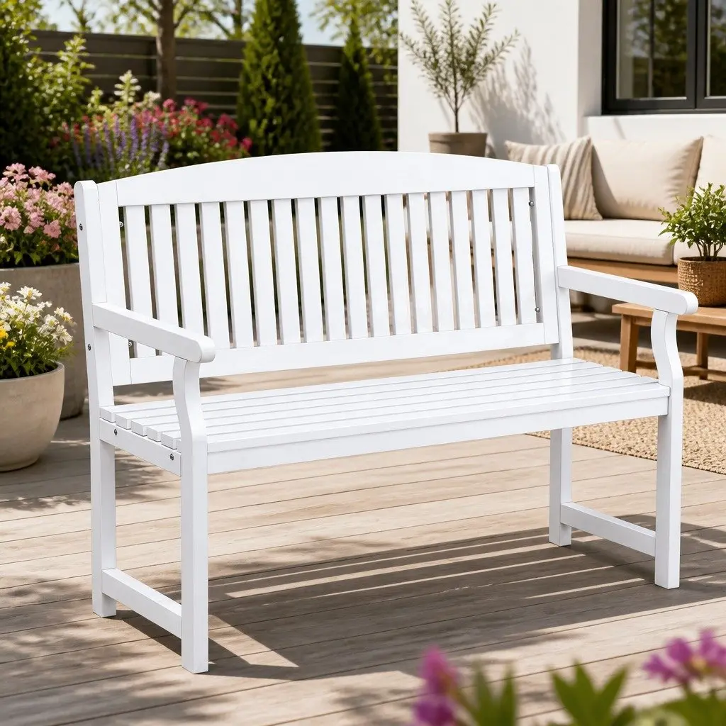 Wooden Garden Bench 2 Seater Outdoor Patio Lounge Chair White Solid Fir Wood Construction