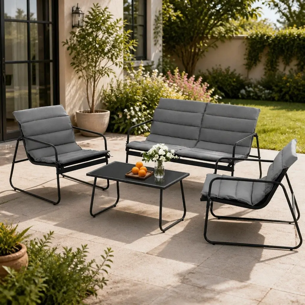 4 Piece Outdoor Sofa Set with Tempered Glass Table and Textilene Chairs for Patio and Garden