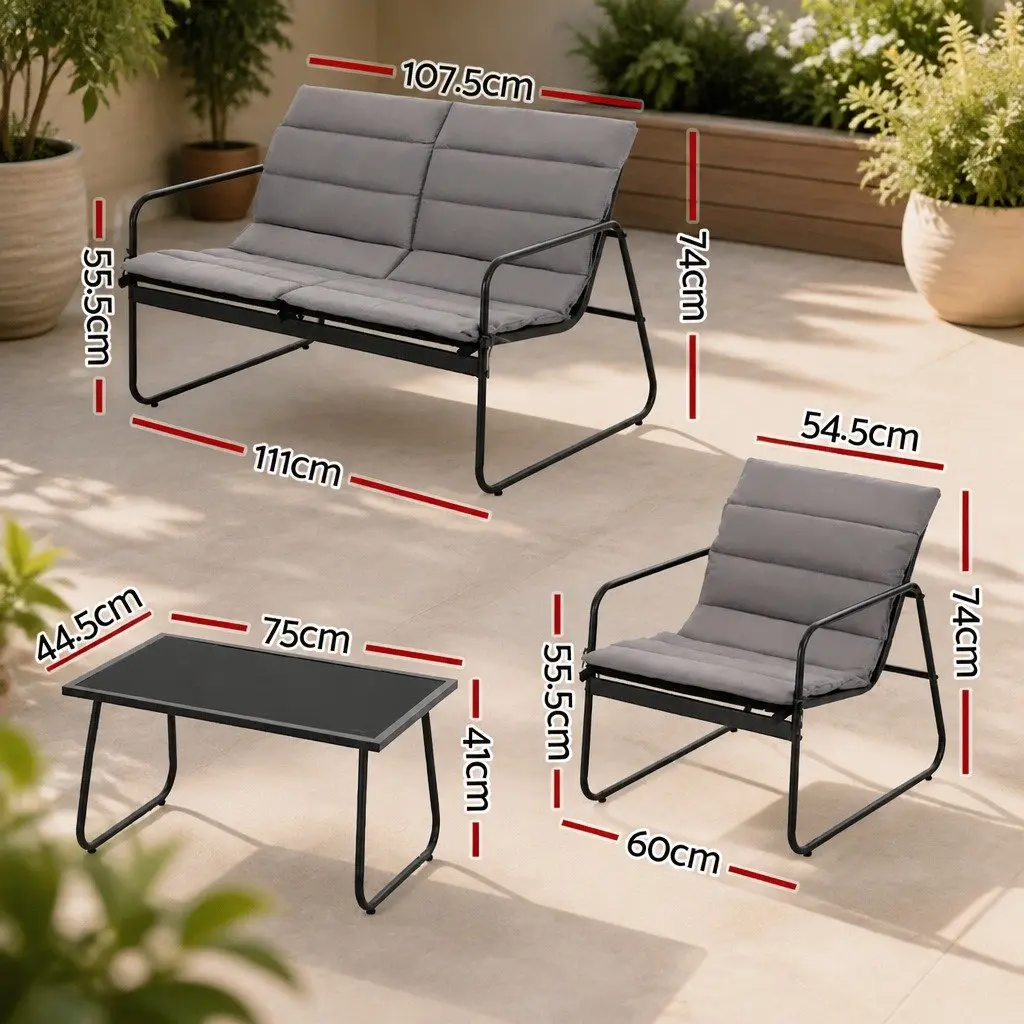 4 Piece Outdoor Sofa Set with Tempered Glass Table and Textilene Chairs for Patio and Garden
