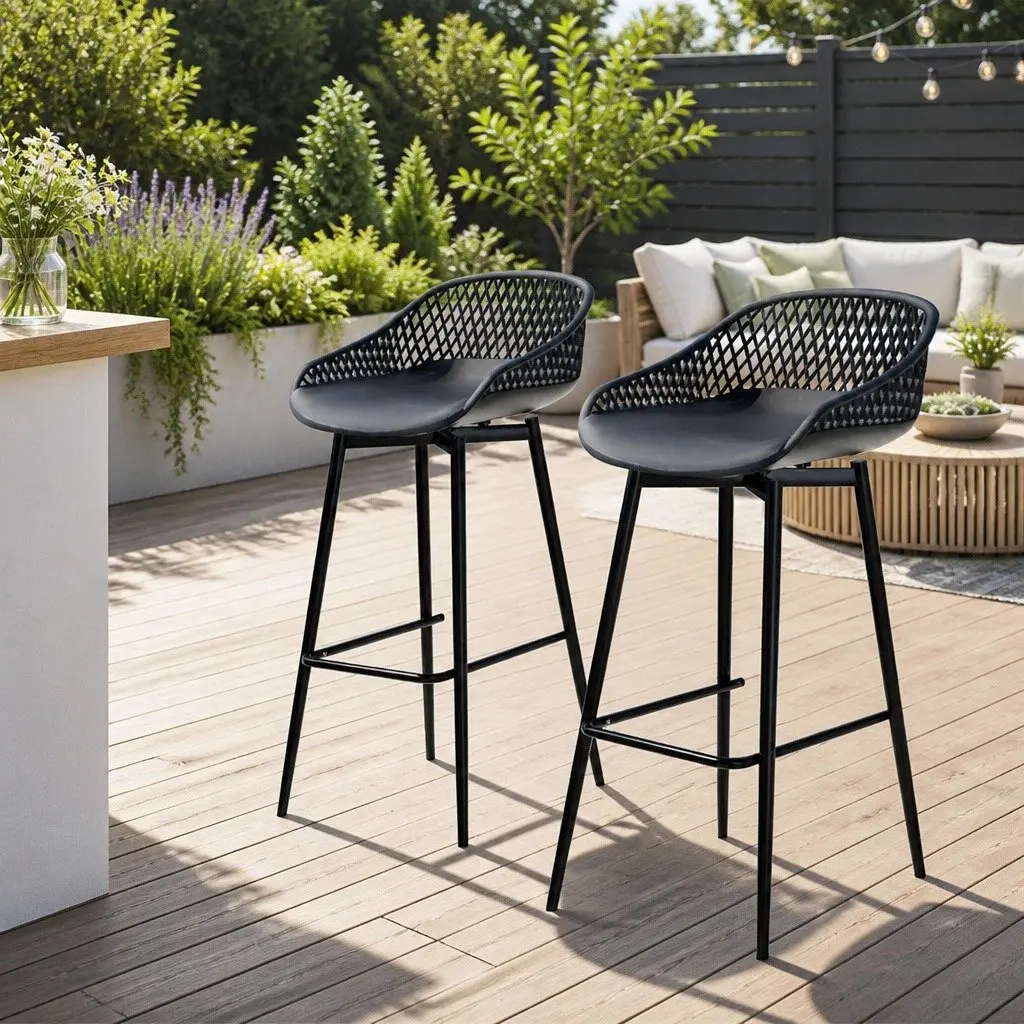 Outdoor Bar Stools Black Plastic Seat Metal Frame Patio Furniture Modern Design