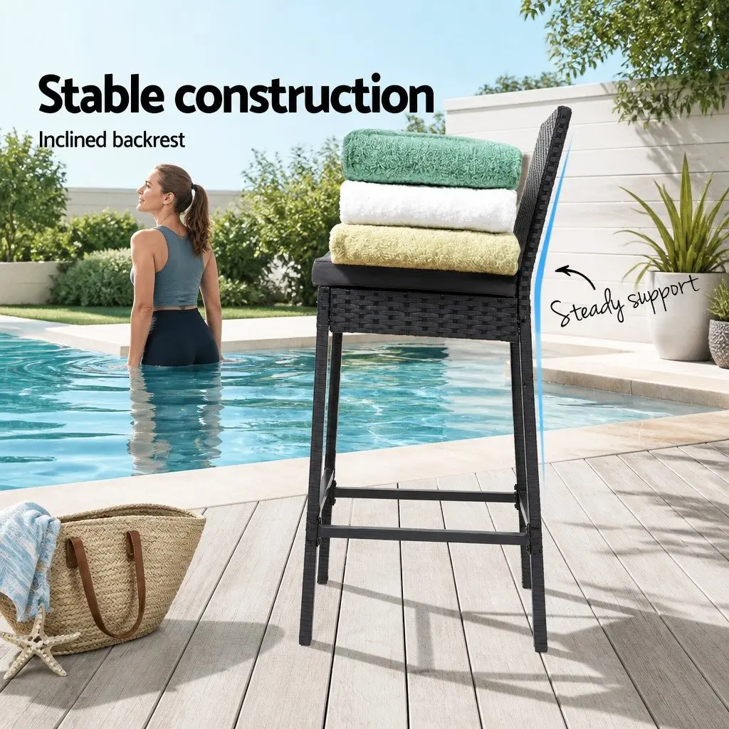 Outdoor Bar Stools 2-Piece Set Hand-Woven PE Wicker Cushioned Patio Furniture