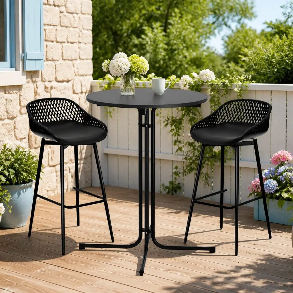 3 Piece Outdoor Dining Set Black Bar Stools with High Backrest and Weather Resistant Table