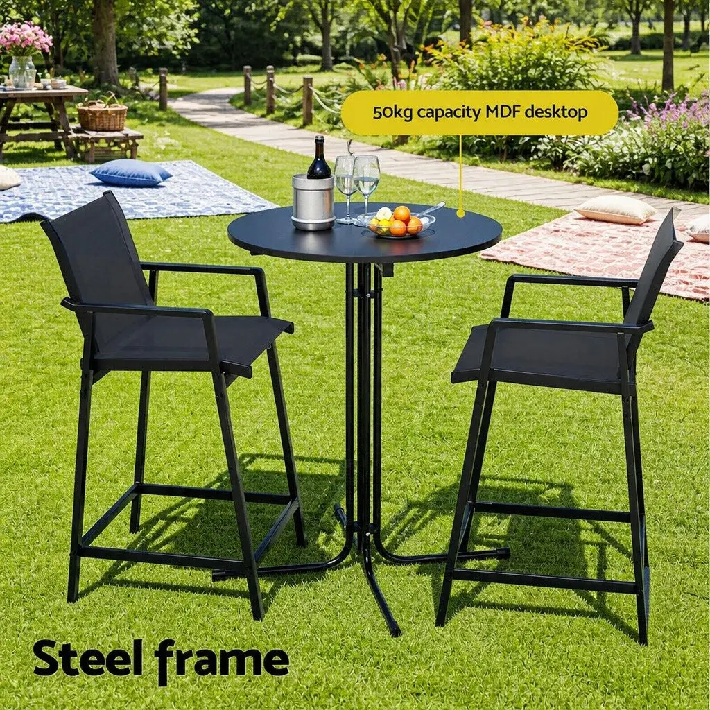 3 Piece Outdoor Bar Set with Stools High Backrest and Footrests Steel Frame Table
