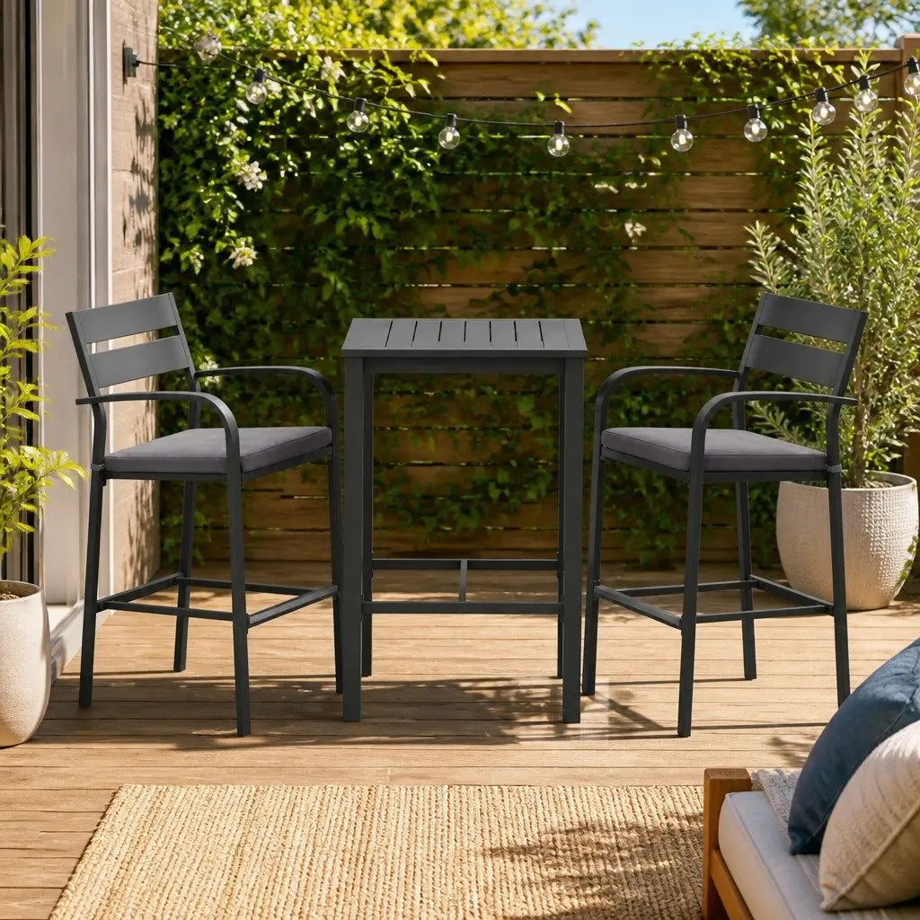 Outdoor Dining Set 3 Piece High Table with Stools UV Resistant Weather Resistant Aluminium Frame