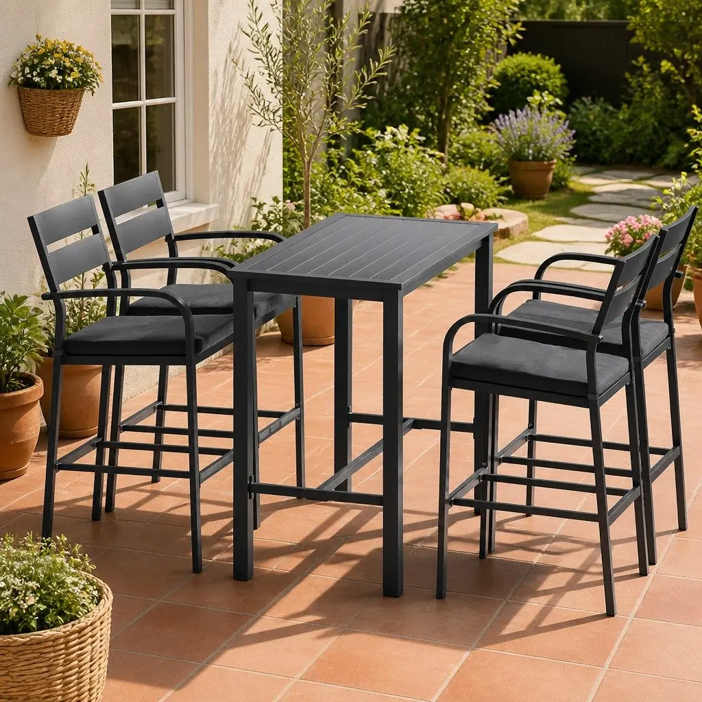 Outdoor Dining Set 5 Piece High Table Bar Stools with Cushions Weather Resistant Aluminum Frame