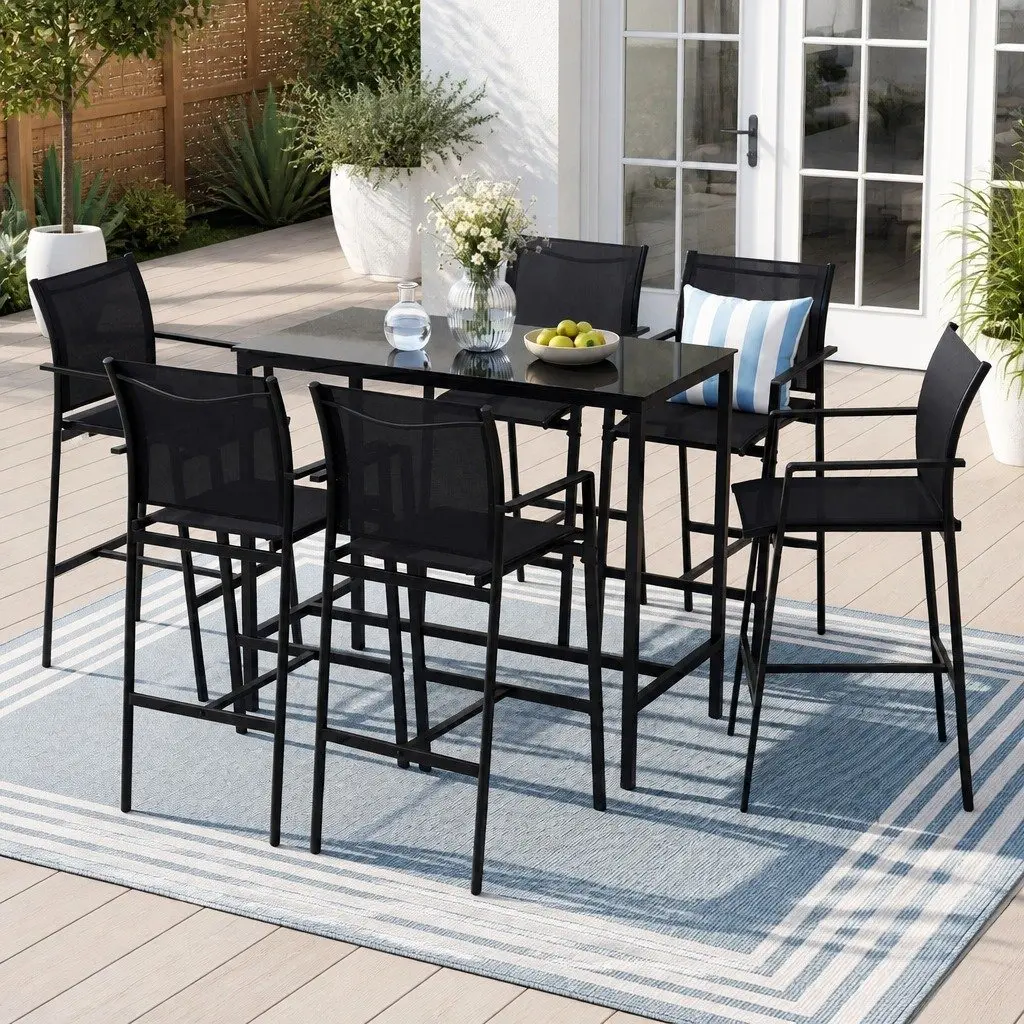 7 Piece Outdoor Dining Set with Table and High Back Stools Black Steel Glass for Patio Garden or Balcony