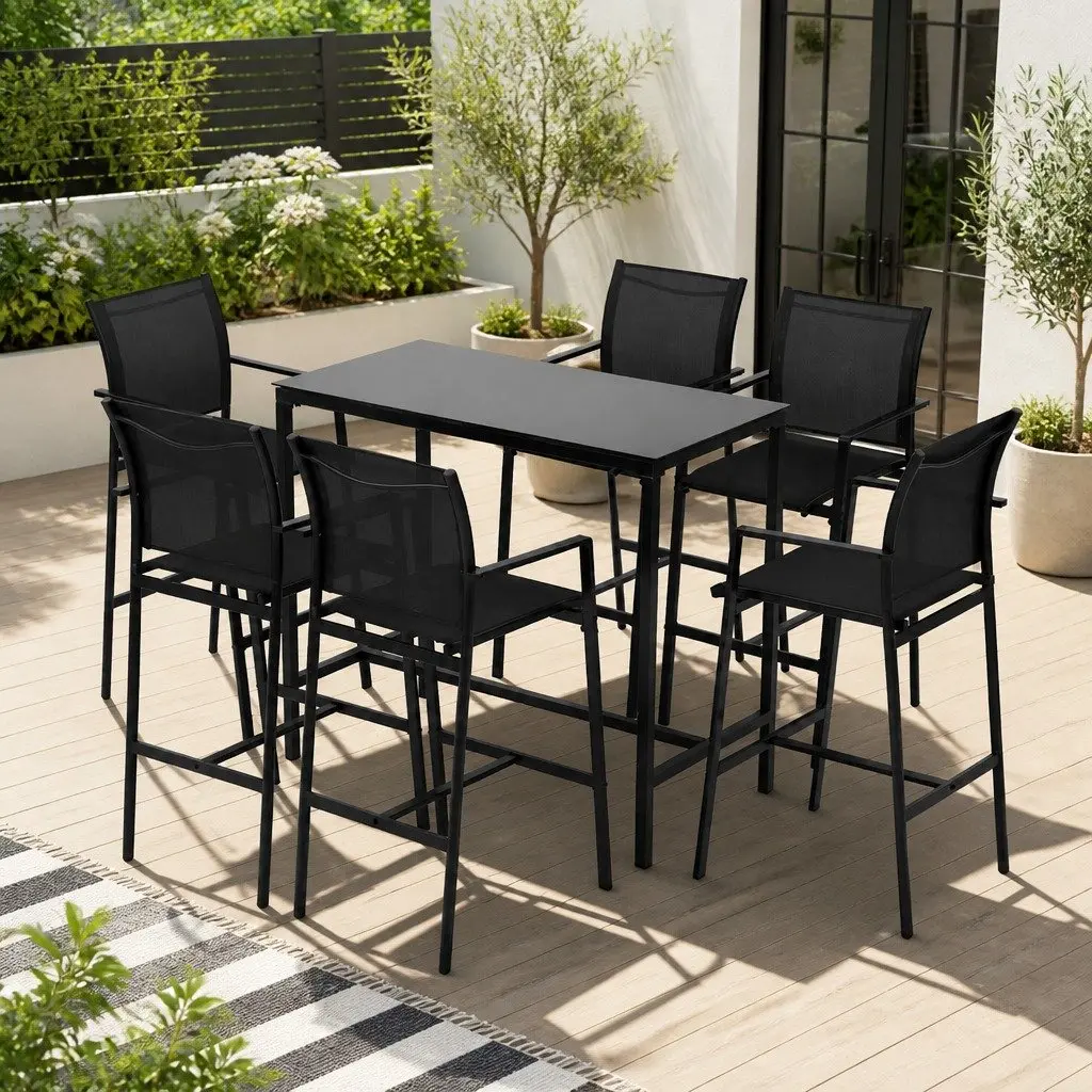 7 Piece Outdoor Dining Set with Table and High Back Stools Black Steel Glass for Patio Garden or Balcony