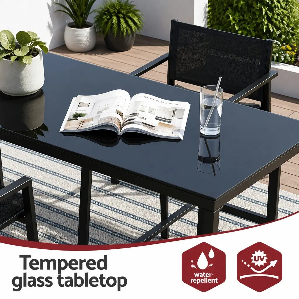 7 Piece Outdoor Dining Set with Table and High Back Stools Black Steel Glass for Patio Garden or Balcony