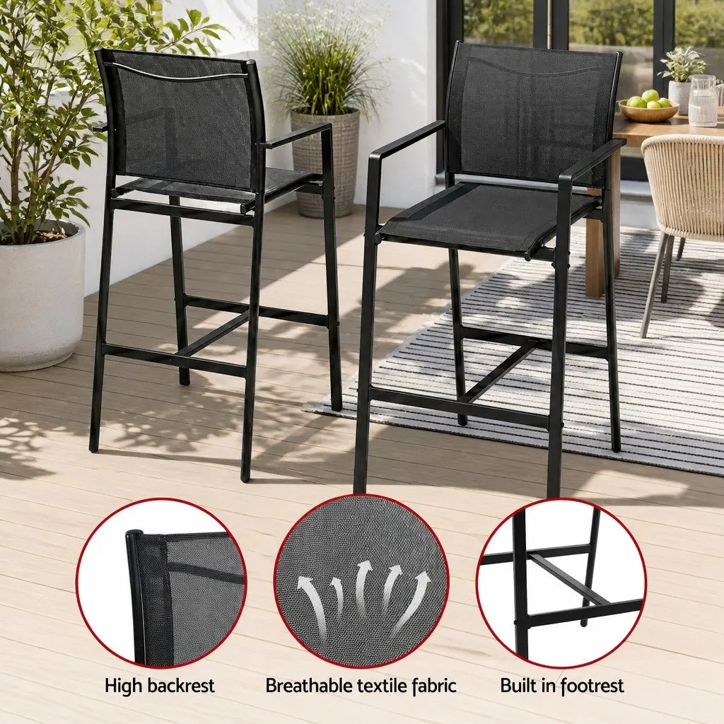 7 Piece Outdoor Dining Set with Table and High Back Stools Black Steel Glass for Patio Garden or Balcony