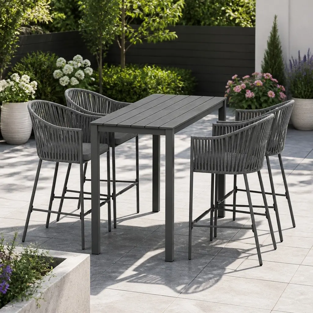 Outdoor Bar Set 5 Piece Dining Patio Furniture Hand-Woven Rope Chairs Table Grey Cushion