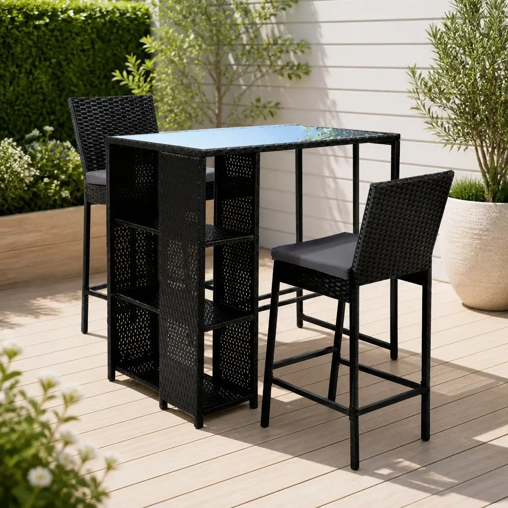 3-Piece Outdoor Bar Set Black Wicker Dining Chairs Table with Tempered Glass Top