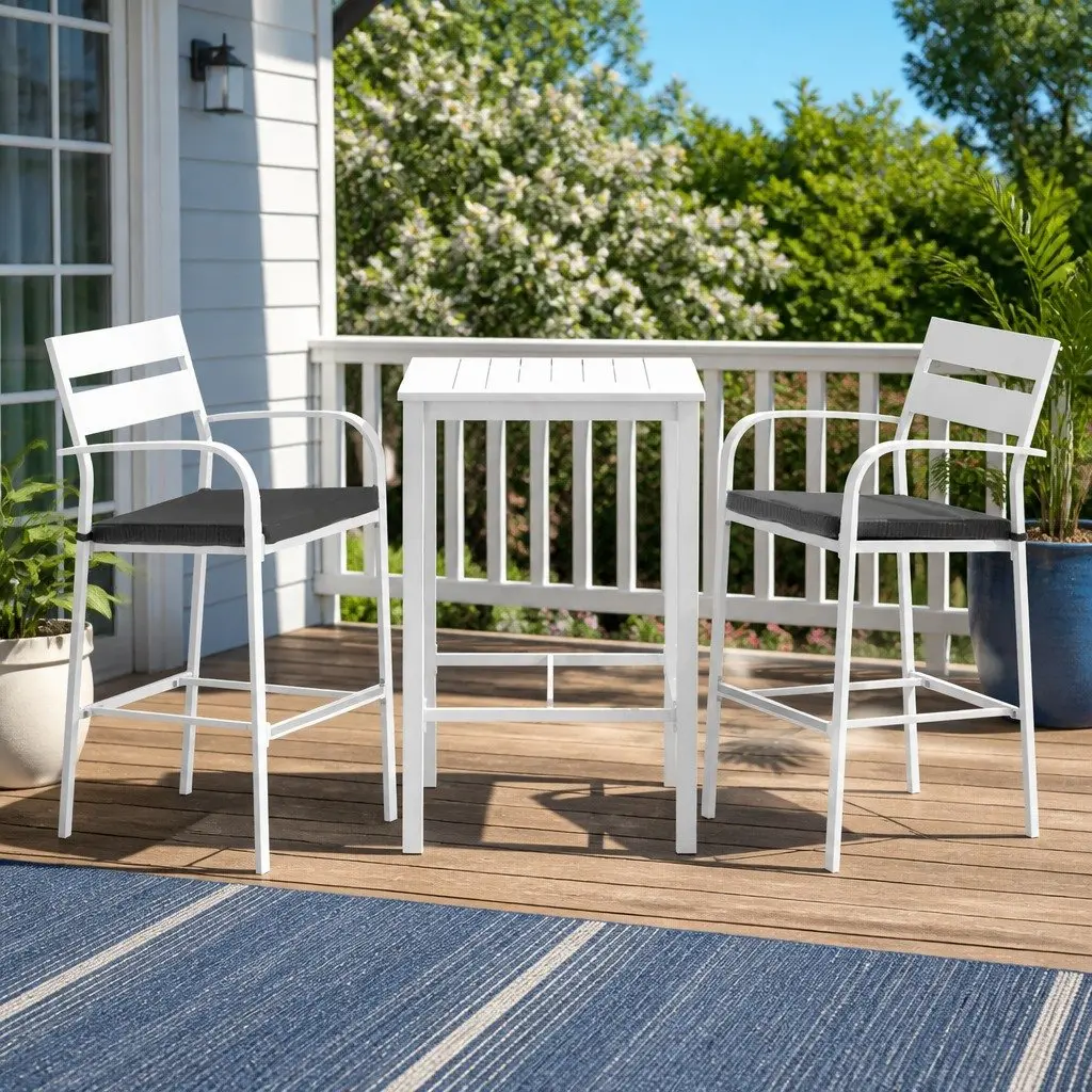 Outdoor Dining Set 3-Piece White Patio Bistro Stools with Slatted Backrests and Curved Armrests