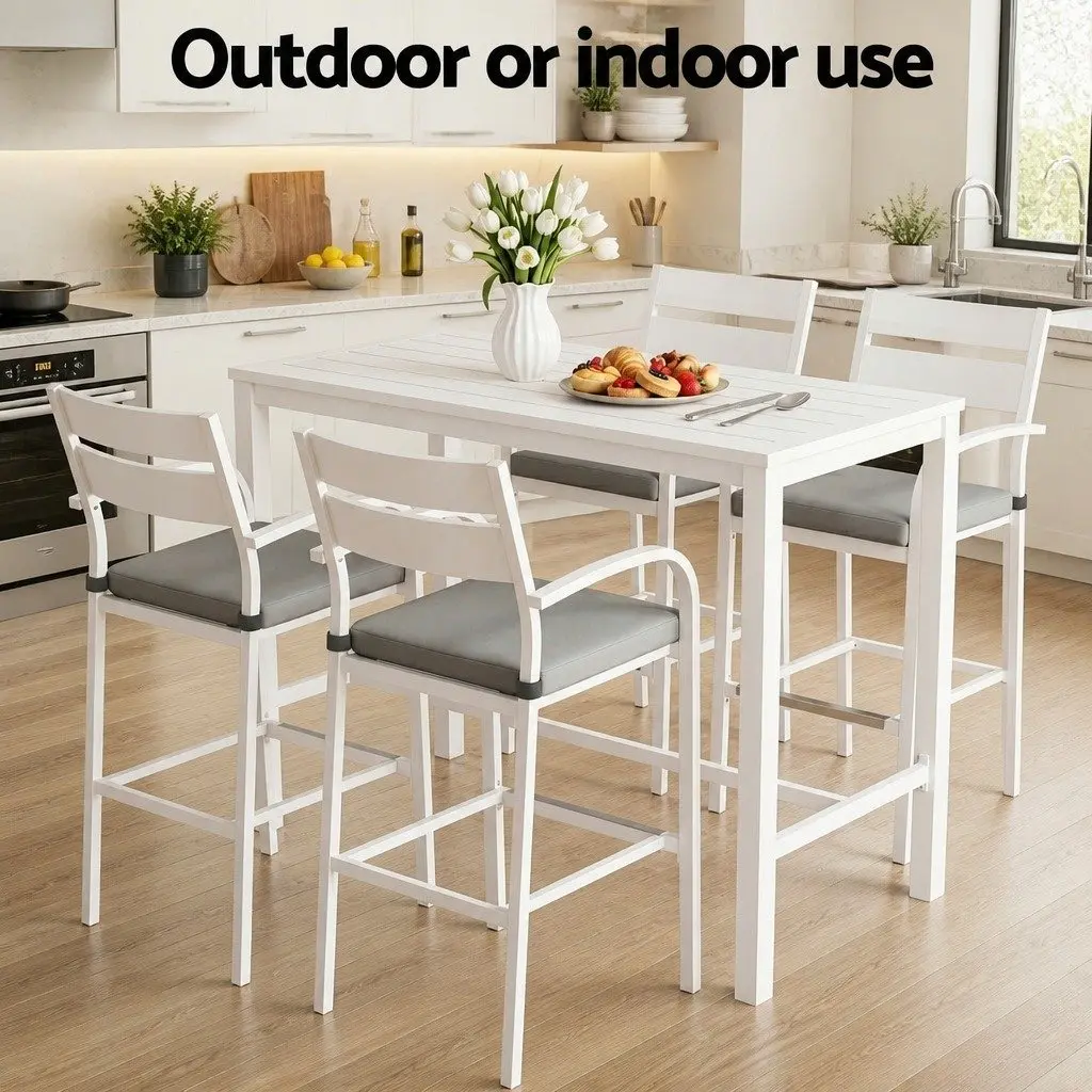 Bar Stools & Table Set 5-Piece Outdoor Patio Dining Chairs Aluminium White