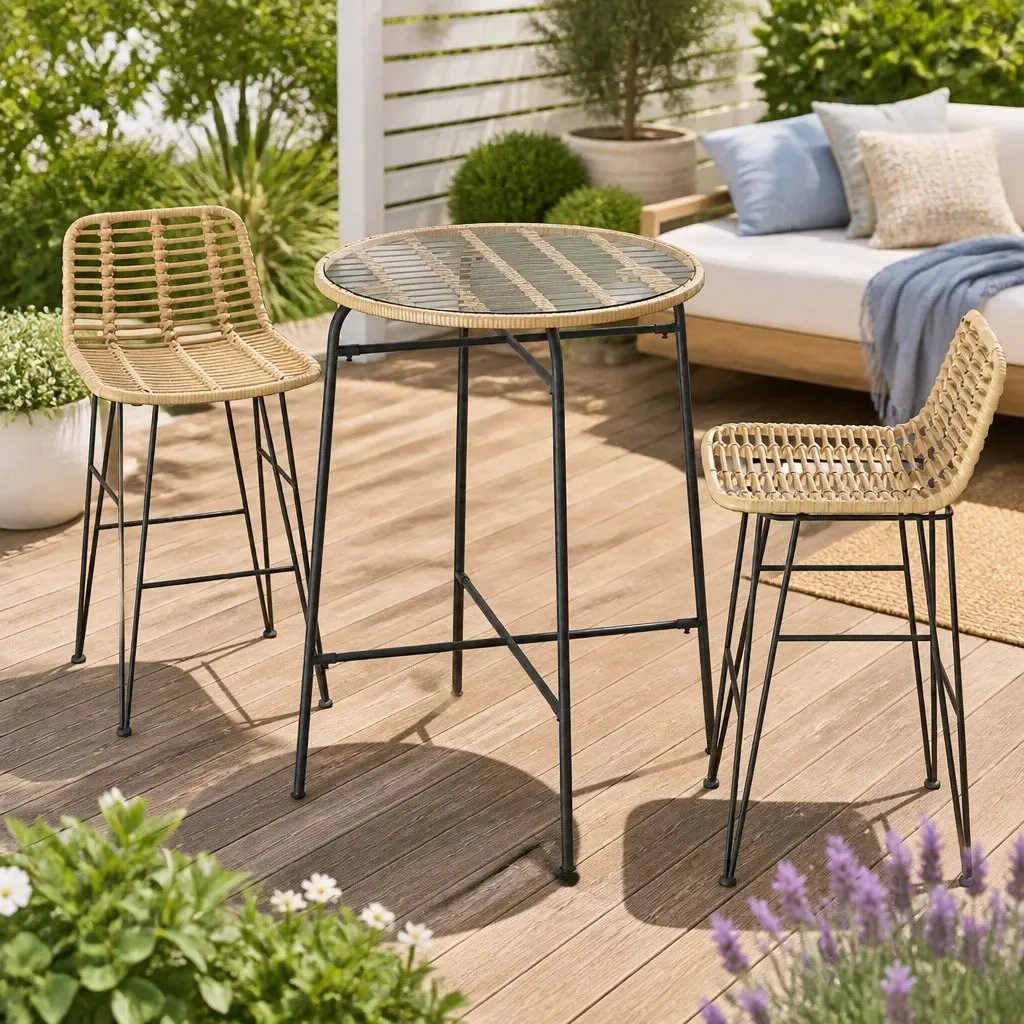 Outdoor Bar Set 3 Piece Wicker Chairs Table Patio Bistro Furniture