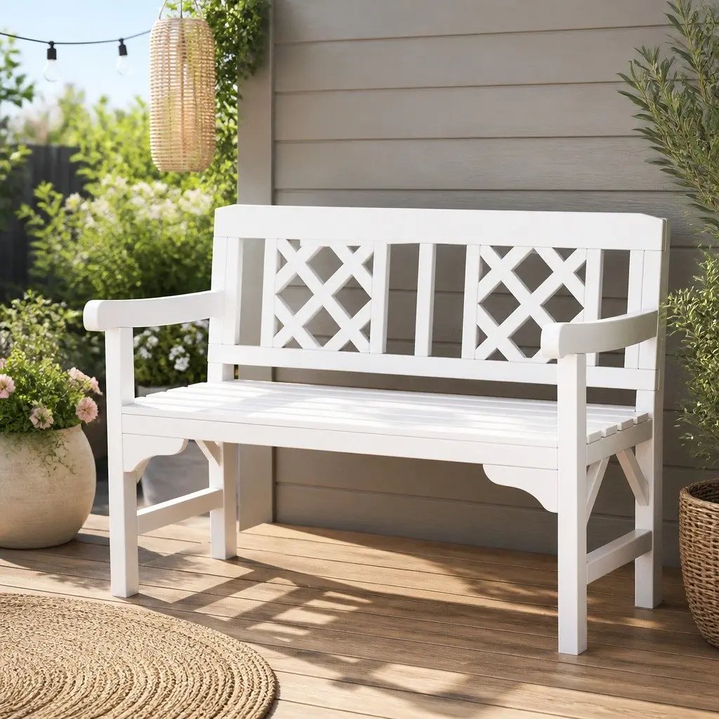 Outdoor Garden Bench 2 Seat Natural Fir Wood Lattice-Pattern Backrest White