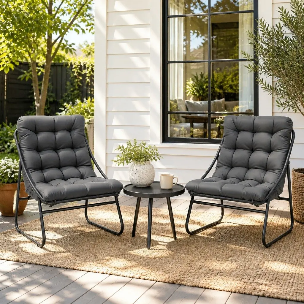 3 Piece Bistro Dining Set Grey Cushioned Chairs Steel Frame Glass Table Outdoor Furniture