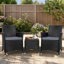 Outdoor Bistro Set: 2 Wicker Chairs & Glass Table