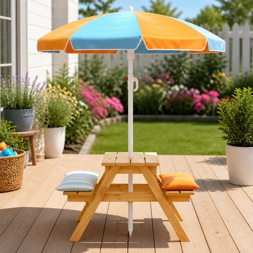 Kids Picnic Table Bench Set Solid Wood Height Adjustable Umbrella Indoor Outdoor Play Furniture