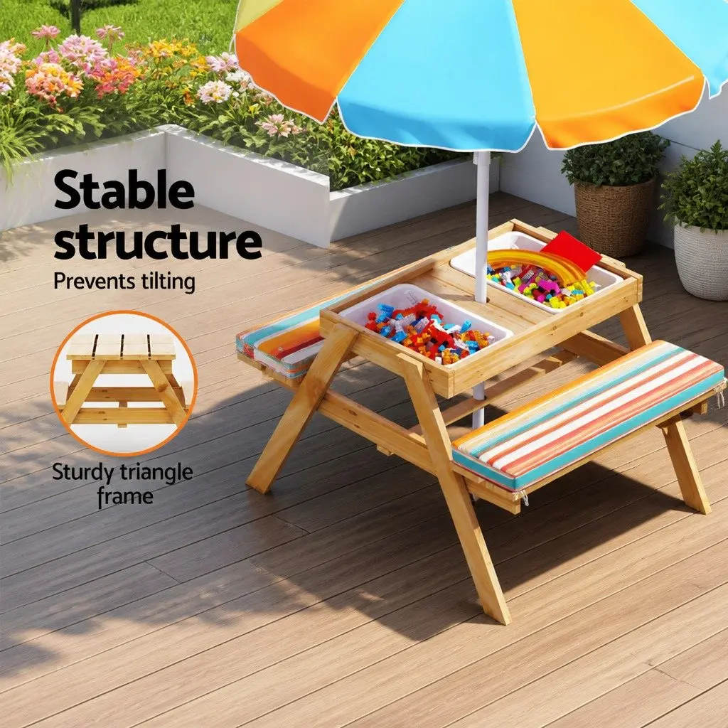 Kids Picnic Table Bench Set Solid Wood Height Adjustable Umbrella Indoor Outdoor Play Furniture