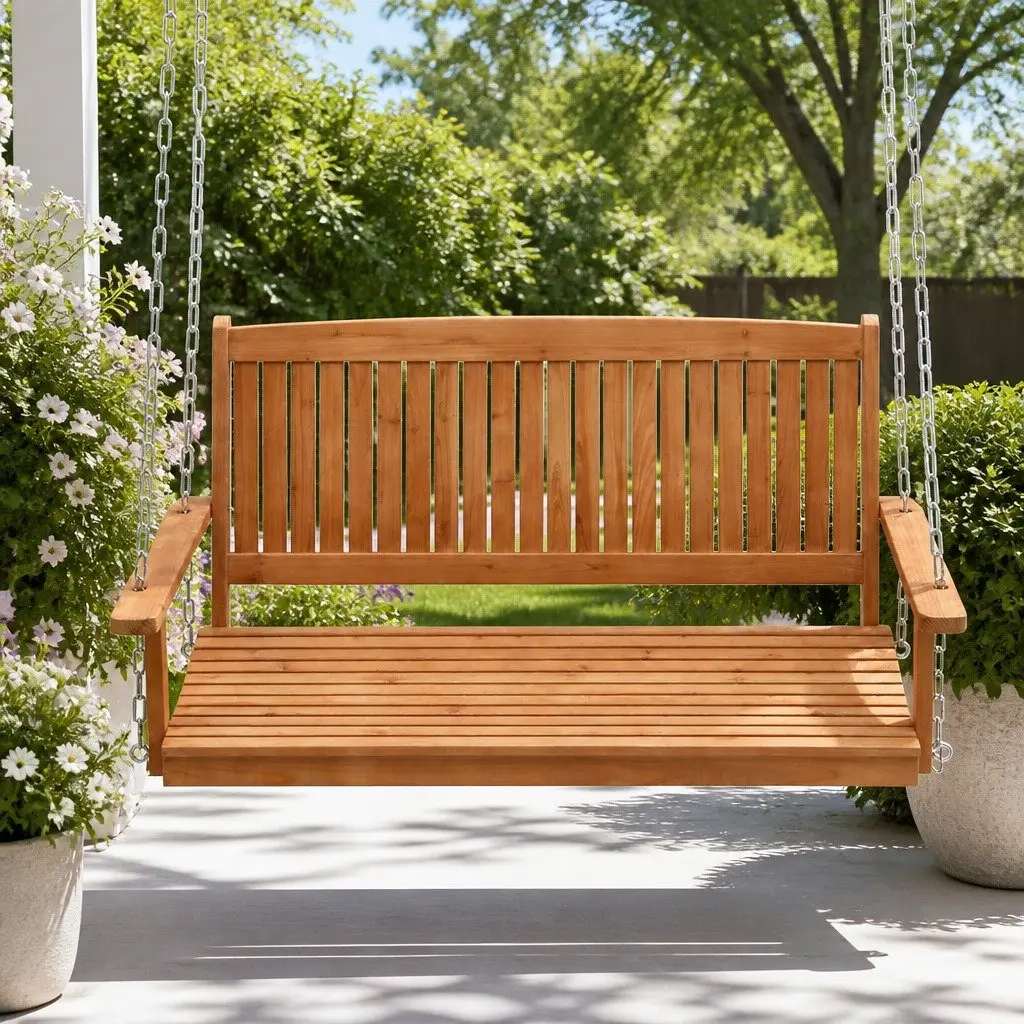 Outdoor Wooden 2 Seater Porch Swing Chair with Heavy-Duty Metal Chains