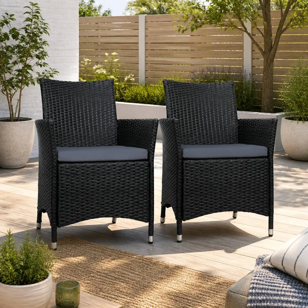 Outdoor Dining Chairs 2PC Set Wicker Black Cushion Weather Resistant