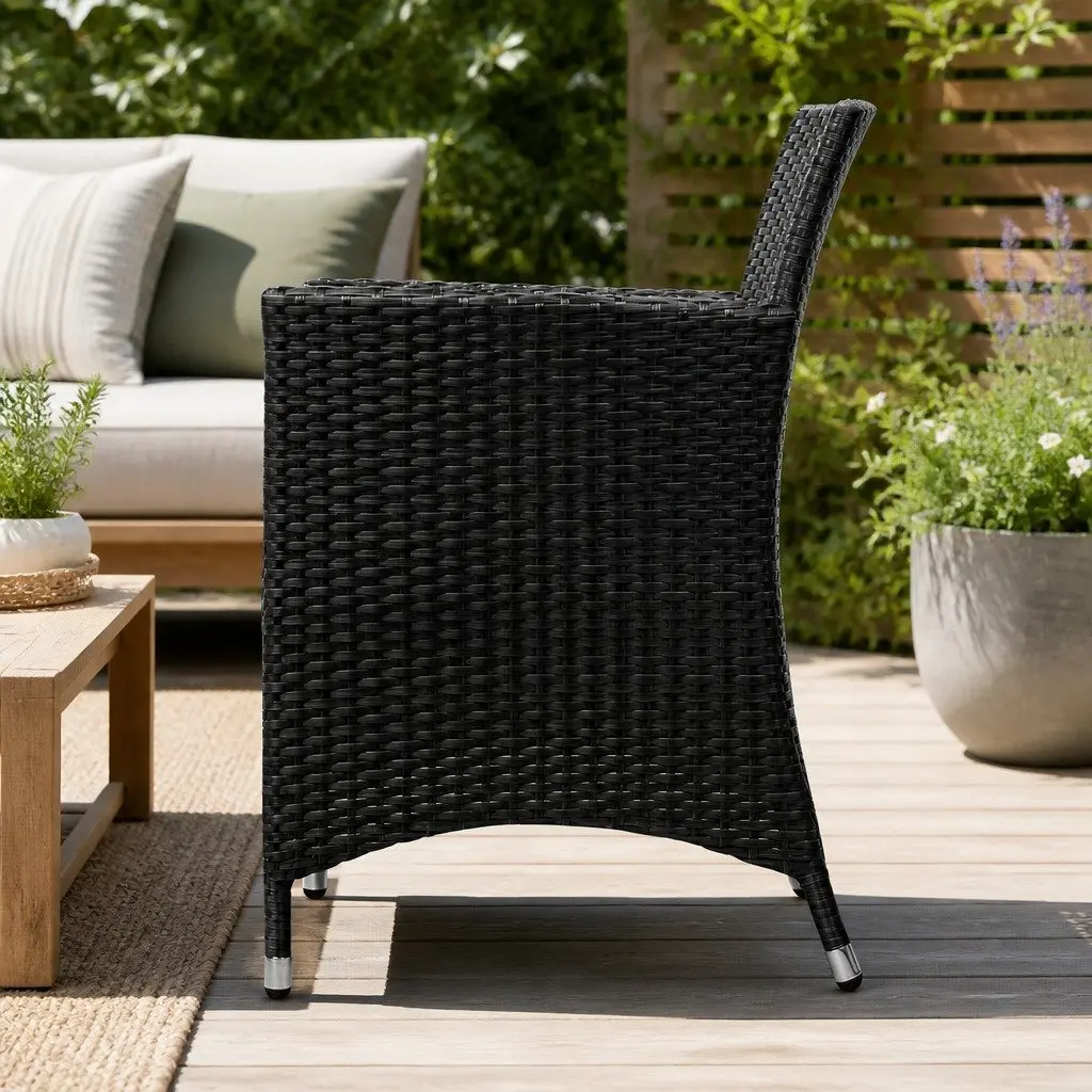 Outdoor Dining Chairs 2PC Set Wicker Black Cushion Weather Resistant