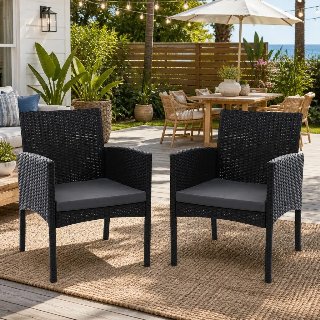 Outdoor Dining Chairs 2PC Cushioned Rattan Lounge Set Black PE Wicker Weatherproof