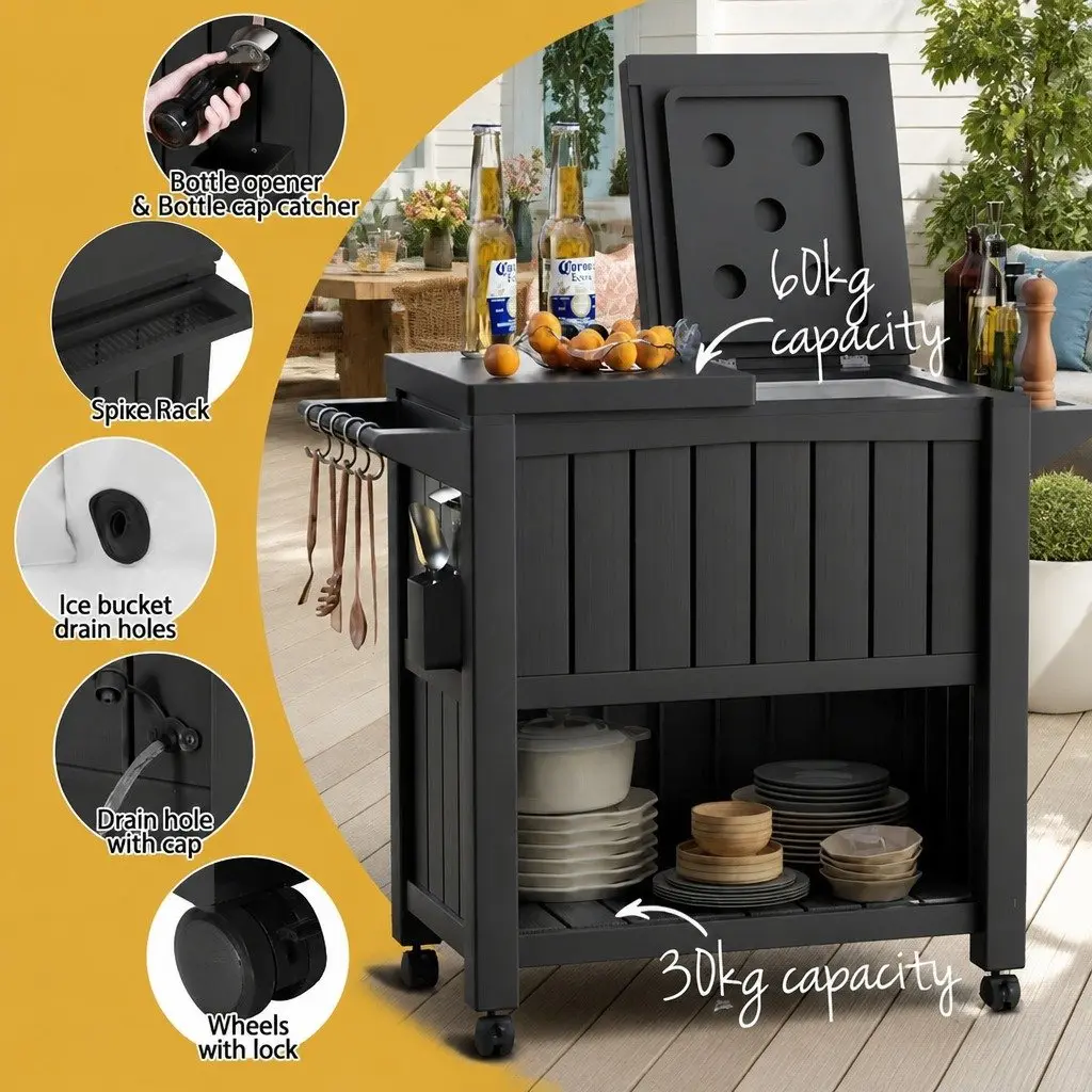 Outdoor Serving Cart 80L Ice Bucket Weather-Resistant Rolling Trolley with Prep Surface and Storage Compartments