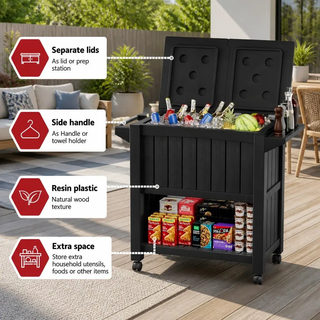 Outdoor Serving Cart 80L Ice Bucket Weather-Resistant Rolling Trolley with Prep Surface and Storage Compartments