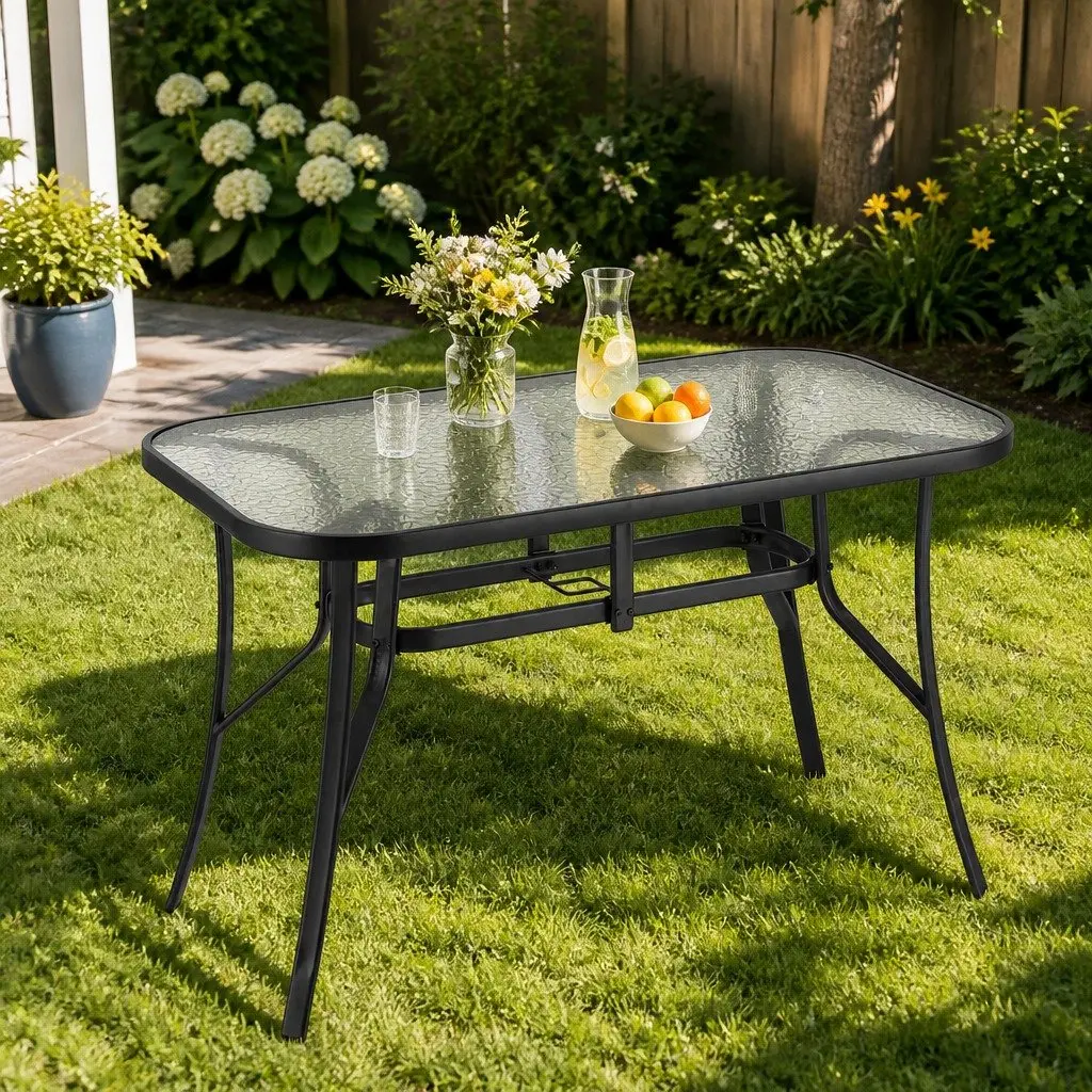Outdoor Dining Table 120cm Steel Frame Tempered Glass Patio Furniture Parasol