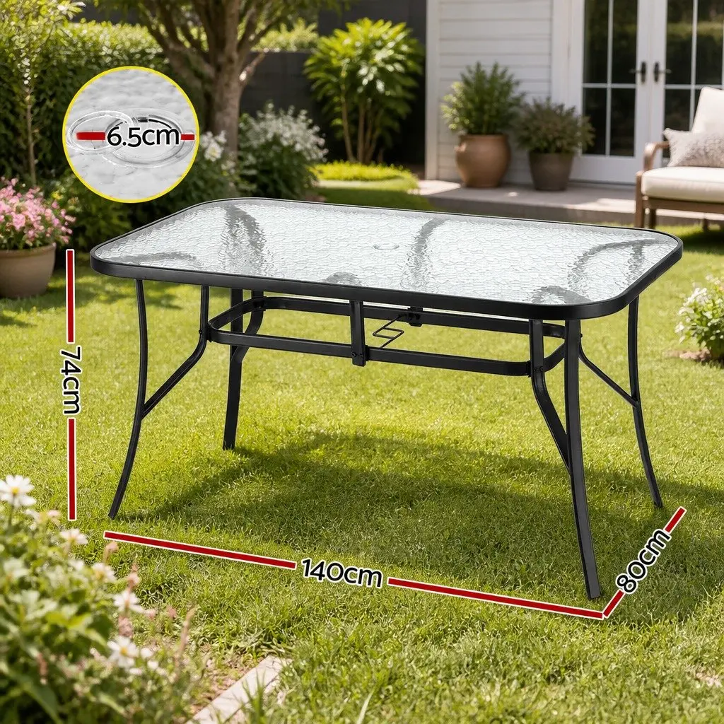 Outdoor Table 140cm Tempered Glass Top Black Steel Frame with Parasol Hole