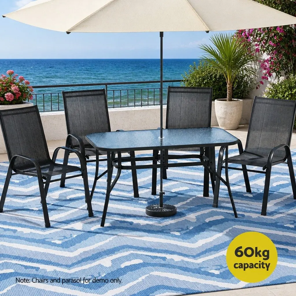 Outdoor Table 140cm Tempered Glass Top Black Steel Frame with Parasol Hole