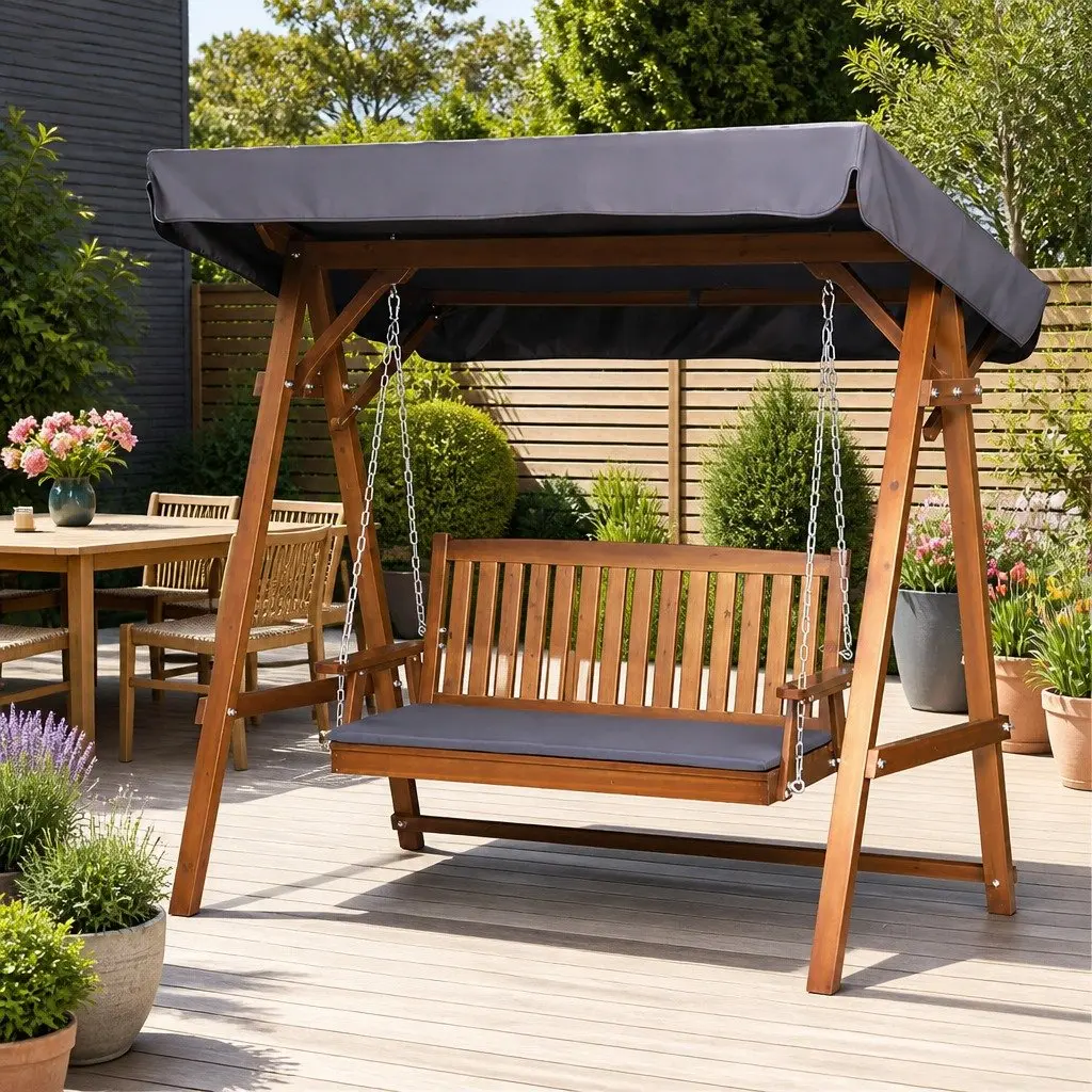 3 Seater Garden Swing Chair with Adjustable Canopy Teak Wood Outdoor Patio Bench