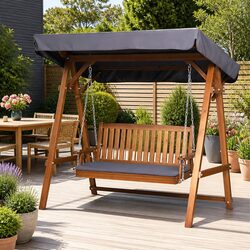 3 Seater Garden Swing Chair with Canopy Outdoor Patio Bench Teak Wood Lounger