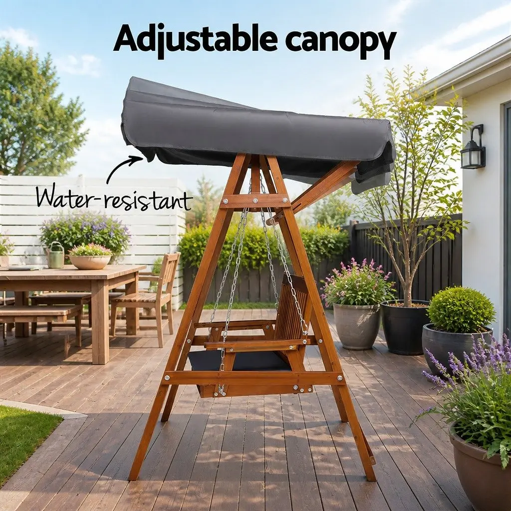 3 Seater Garden Swing Chair with Adjustable Canopy Teak Wood Outdoor Patio Bench