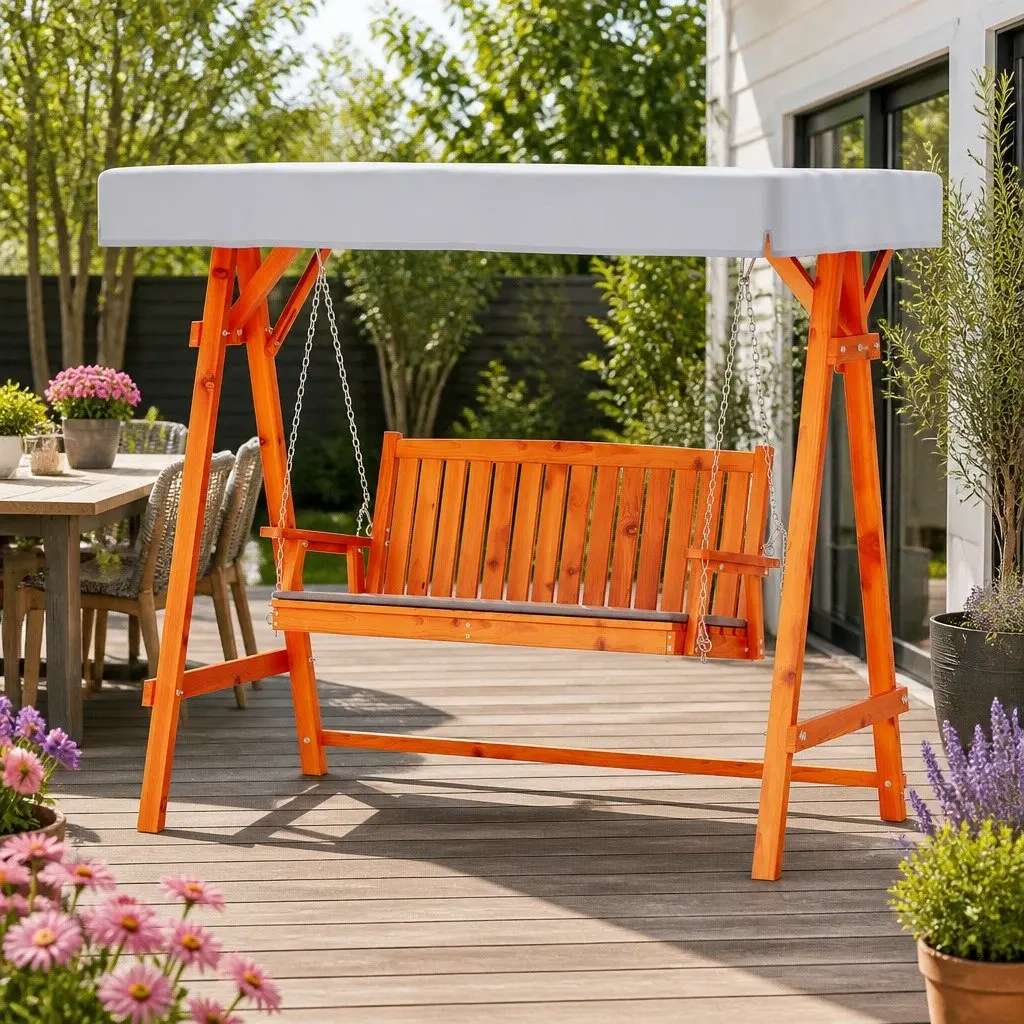 3 Seater Garden Swing Chair with Adjustable Canopy Teak Wood Outdoor Patio Bench